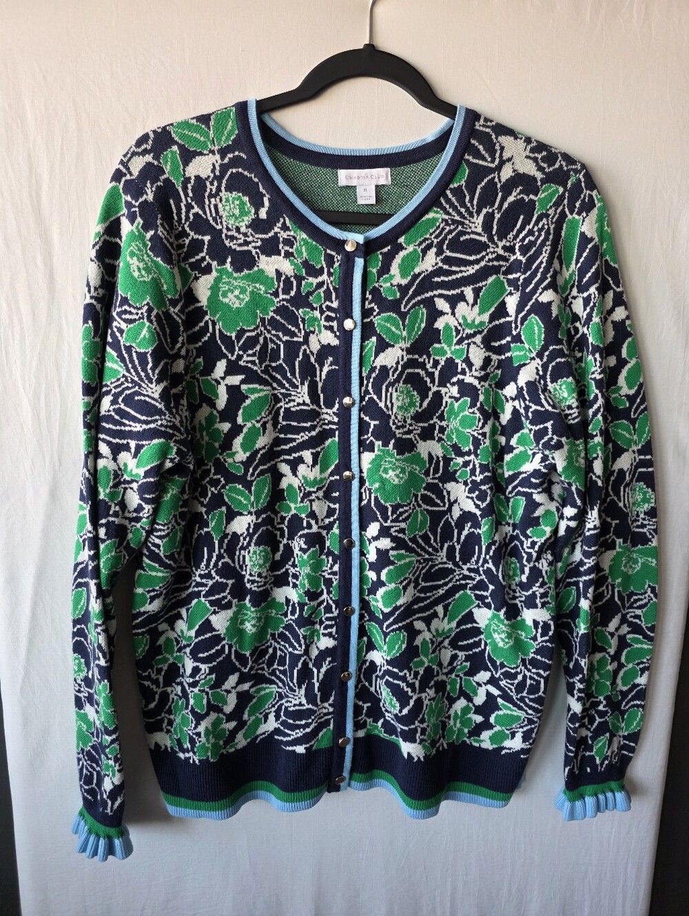 Charter Club Floral Cardigan XL Ruffle Cuff Cottagecore Grandmacore Navy Green